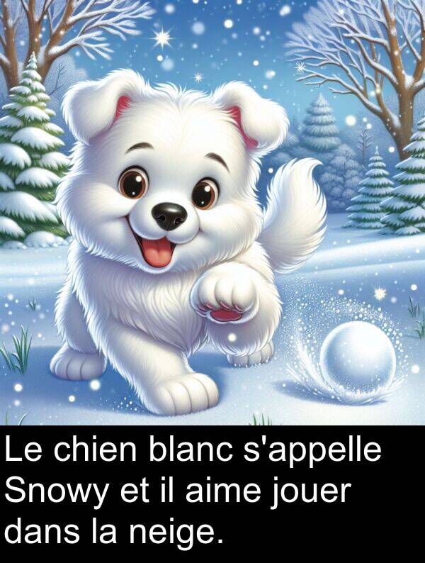 aime: Le chien blanc s'appelle Snowy et il aime jouer dans la neige.