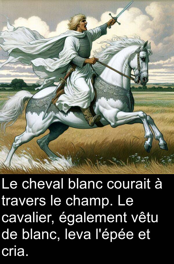 vêtu: Le cheval blanc courait à travers le champ. Le cavalier, également vêtu de blanc, leva l'épée et cria.