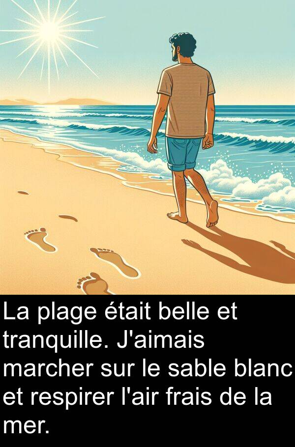 marcher: La plage était belle et tranquille. J'aimais marcher sur le sable blanc et respirer l'air frais de la mer.