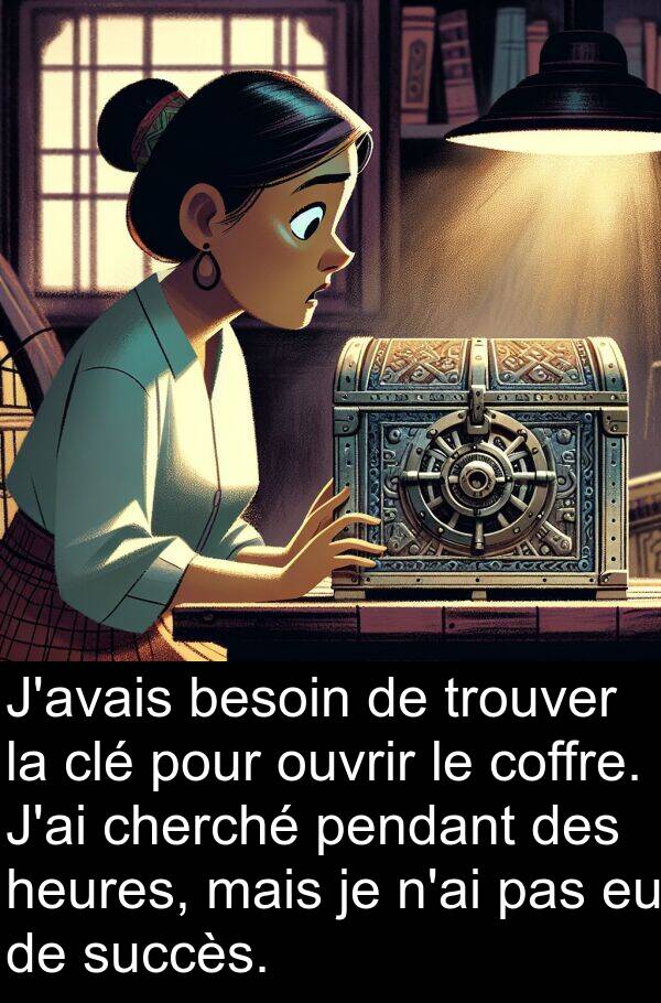 heures: J'avais besoin de trouver la clé pour ouvrir le coffre. J'ai cherché pendant des heures, mais je n'ai pas eu de succès.