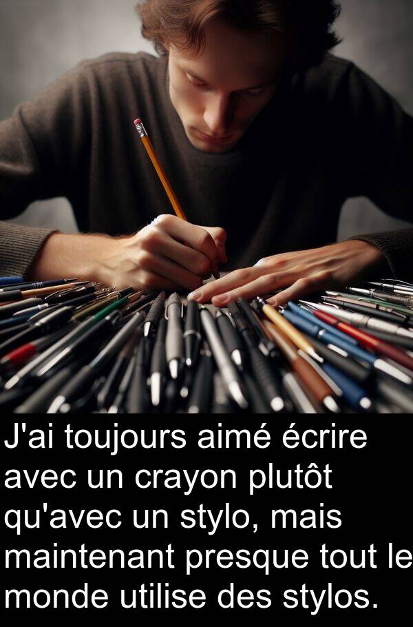 aimé: J'ai toujours aimé écrire avec un crayon plutôt qu'avec un stylo, mais maintenant presque tout le monde utilise des stylos.