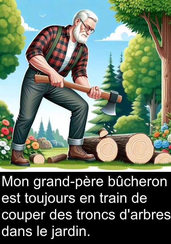 troncs: Mon grand-père bûcheron est toujours en train de couper des troncs d'arbres dans le jardin.