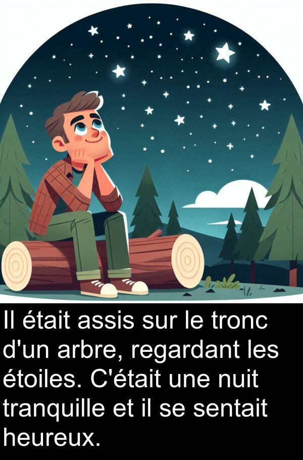 assis: Il était assis sur le tronc d'un arbre, regardant les étoiles. C'était une nuit tranquille et il se sentait heureux.