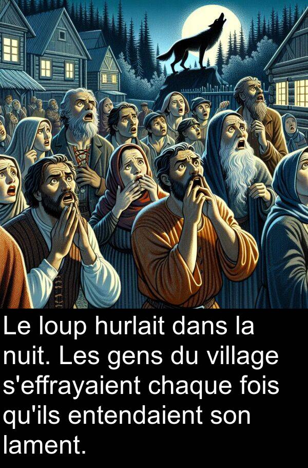 gens: Le loup hurlait dans la nuit. Les gens du village s'effrayaient chaque fois qu'ils entendaient son lament.