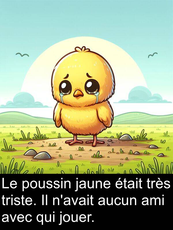 ami: Le poussin jaune était très triste. Il n'avait aucun ami avec qui jouer.