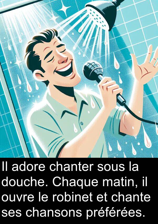 adore: Il adore chanter sous la douche. Chaque matin, il ouvre le robinet et chante ses chansons préférées.