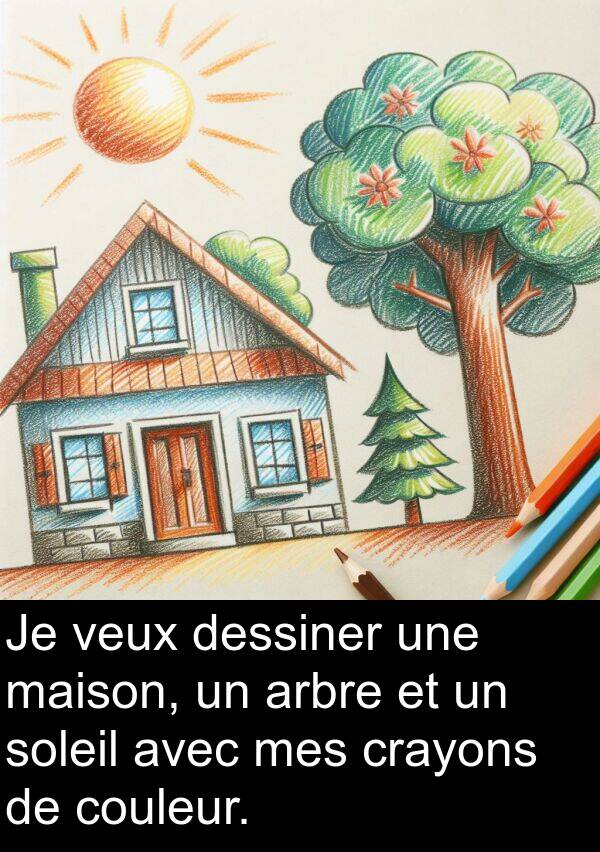 veux: Je veux dessiner une maison, un arbre et un soleil avec mes crayons de couleur.