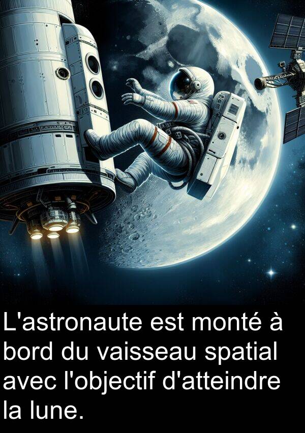 vaisseau: L'astronaute est monté à bord du vaisseau spatial avec l'objectif d'atteindre la lune.