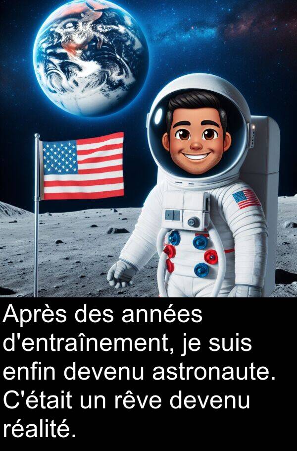 astronaute: Après des années d'entraînement, je suis enfin devenu astronaute. C'était un rêve devenu réalité.