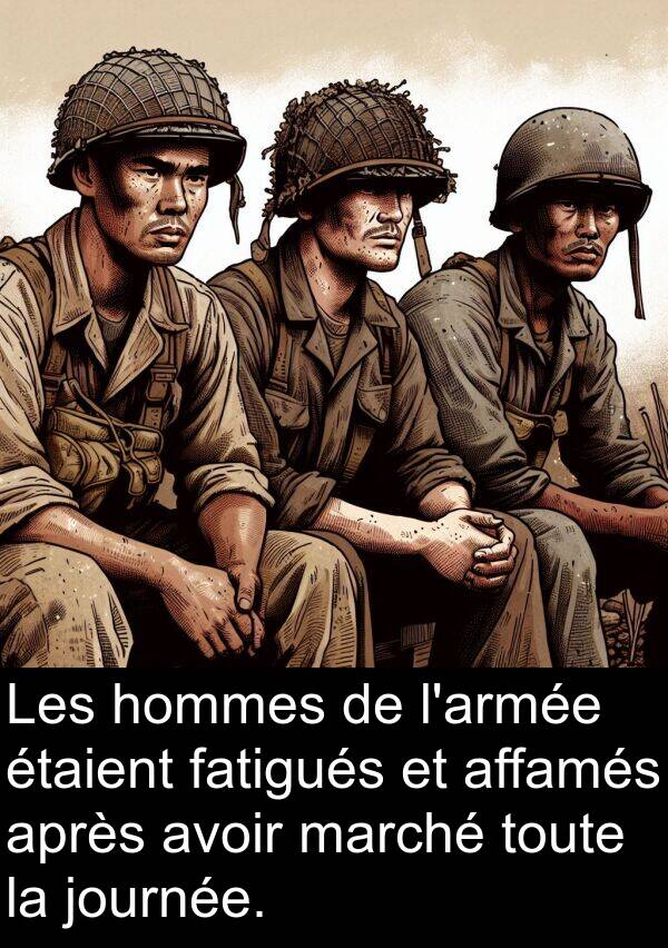 affamés: Les hommes de l'armée étaient fatigués et affamés après avoir marché toute la journée.