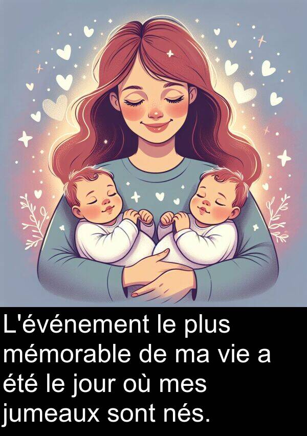 mémorable: L'événement le plus mémorable de ma vie a été le jour où mes jumeaux sont nés.