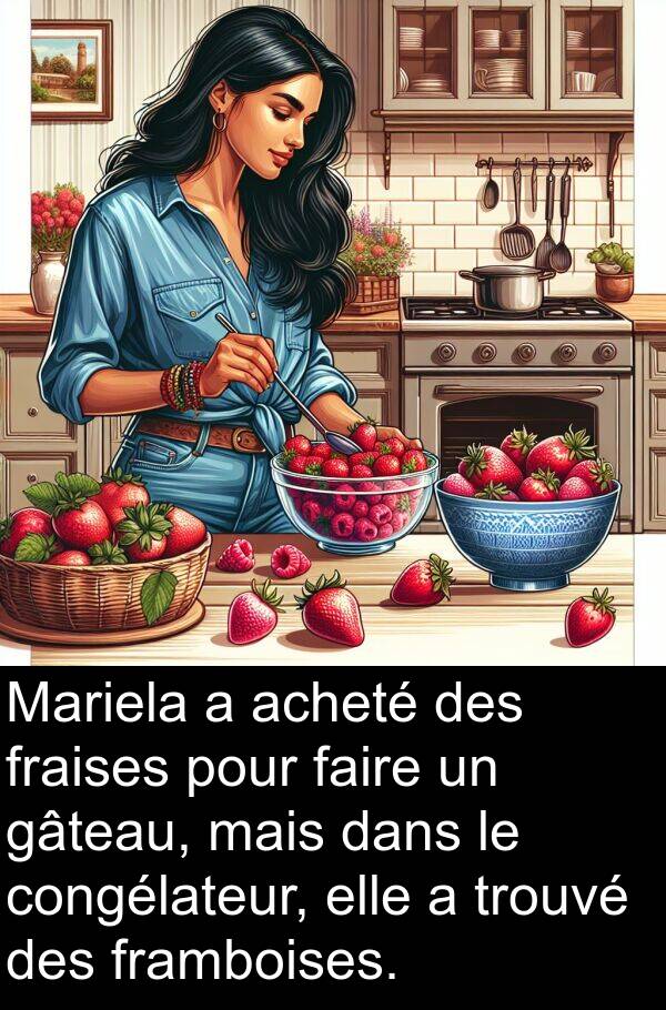 acheté: Mariela a acheté des fraises pour faire un gâteau, mais dans le congélateur, elle a trouvé des framboises.