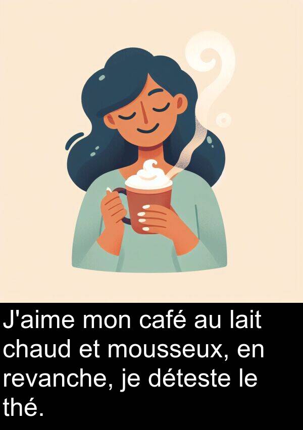 mousseux: J'aime mon café au lait chaud et mousseux, en revanche, je déteste le thé.