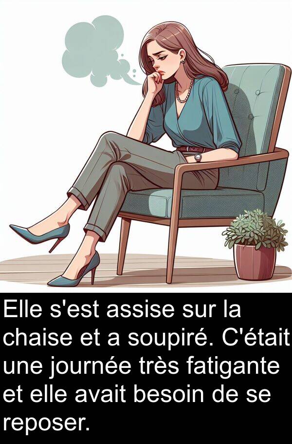 assise: Elle s'est assise sur la chaise et a soupiré. C'était une journée très fatigante et elle avait besoin de se reposer.