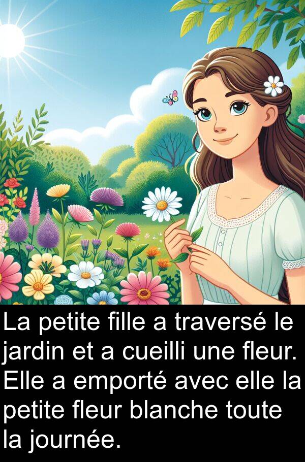 fille: La petite fille a traversé le jardin et a cueilli une fleur. Elle a emporté avec elle la petite fleur blanche toute la journée.