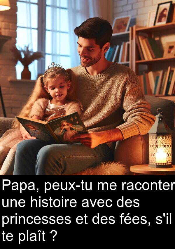 fées: Papa, peux-tu me raconter une histoire avec des princesses et des fées, s'il te plaît ?