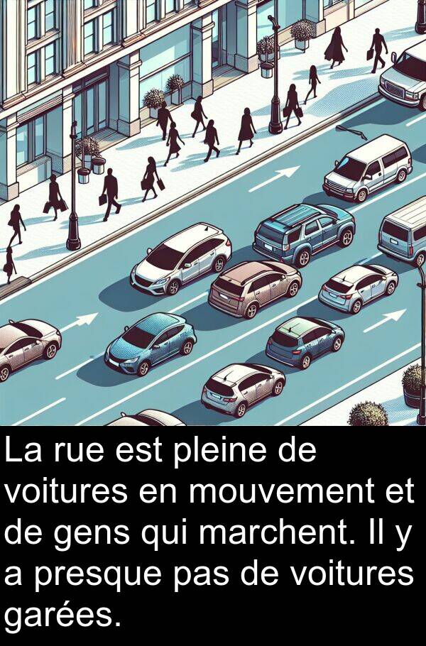 gens: La rue est pleine de voitures en mouvement et de gens qui marchent. Il y a presque pas de voitures garées.