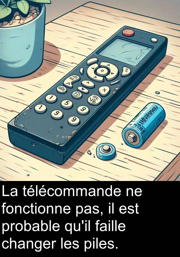 fonctionne: La télécommande ne fonctionne pas, il est probable qu'il faille changer les piles.