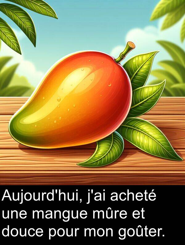 acheté: Aujourd'hui, j'ai acheté une mangue mûre et douce pour mon goûter.