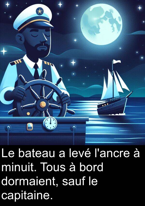 sauf: Le bateau a levé l'ancre à minuit. Tous à bord dormaient, sauf le capitaine.