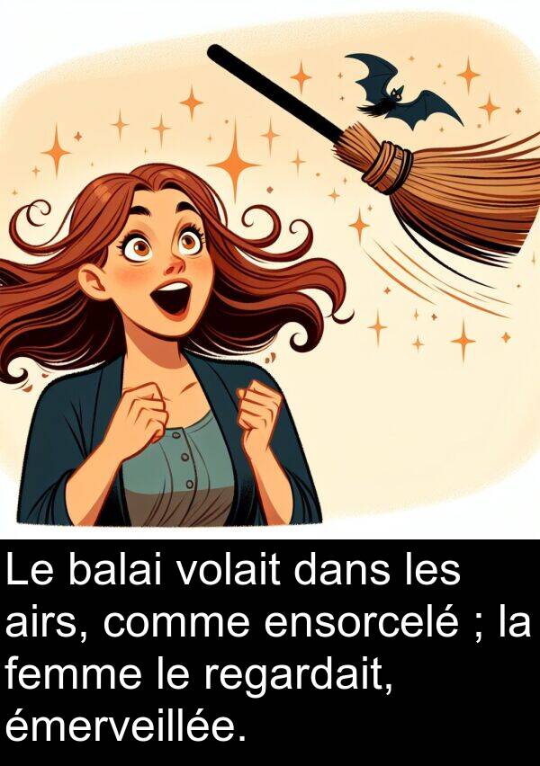 balai: Le balai volait dans les airs, comme ensorcelé ; la femme le regardait, émerveillée.