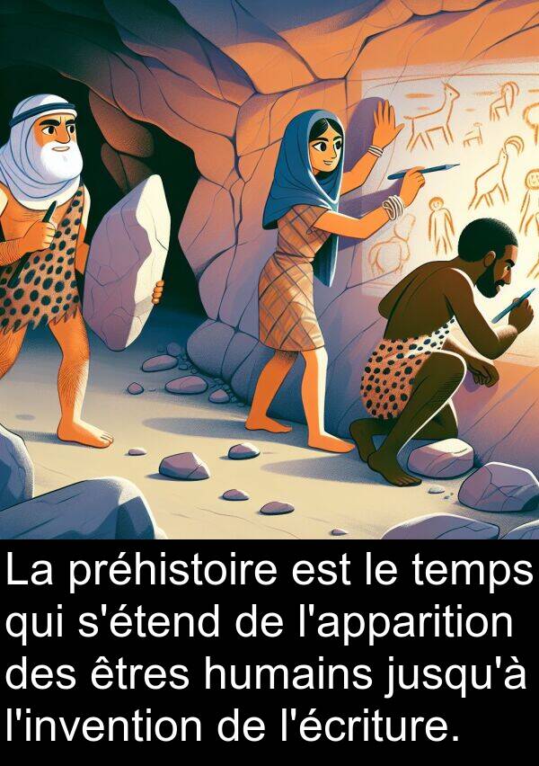 préhistoire: La préhistoire est le temps qui s'étend de l'apparition des êtres humains jusqu'à l'invention de l'écriture.