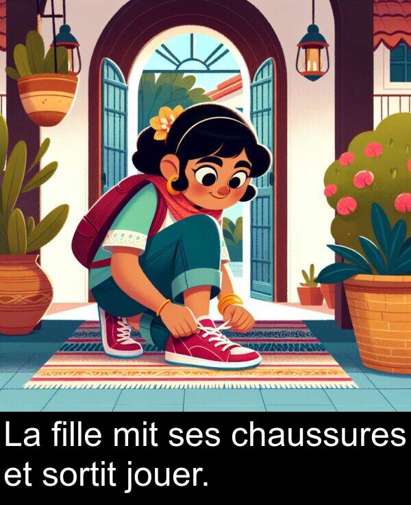 fille: La fille mit ses chaussures et sortit jouer.