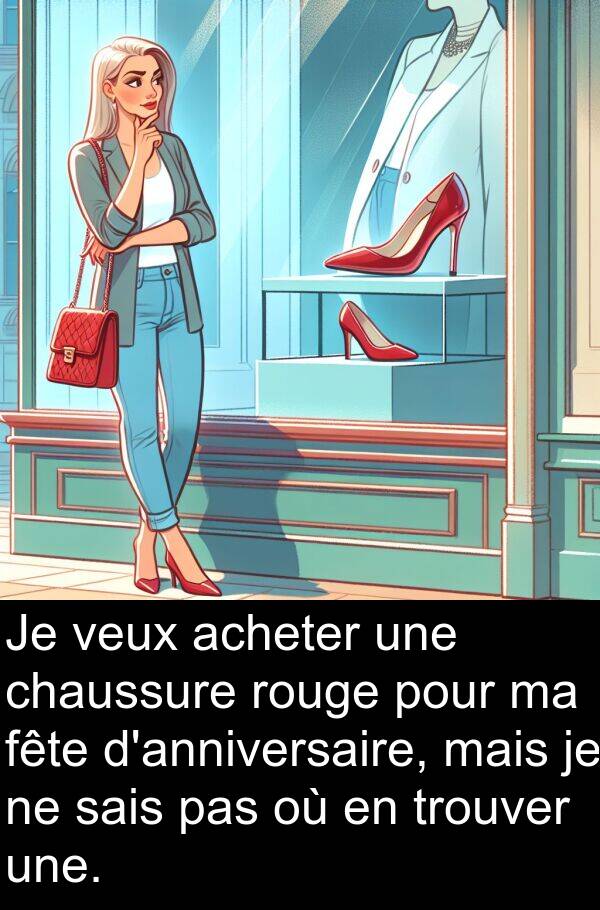 acheter: Je veux acheter une chaussure rouge pour ma fête d'anniversaire, mais je ne sais pas où en trouver une.