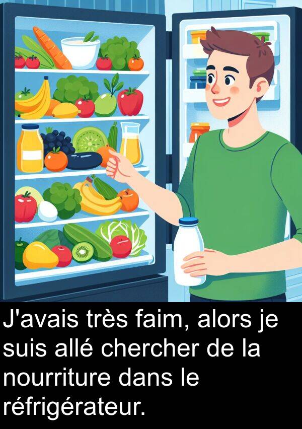 faim: J'avais très faim, alors je suis allé chercher de la nourriture dans le réfrigérateur.