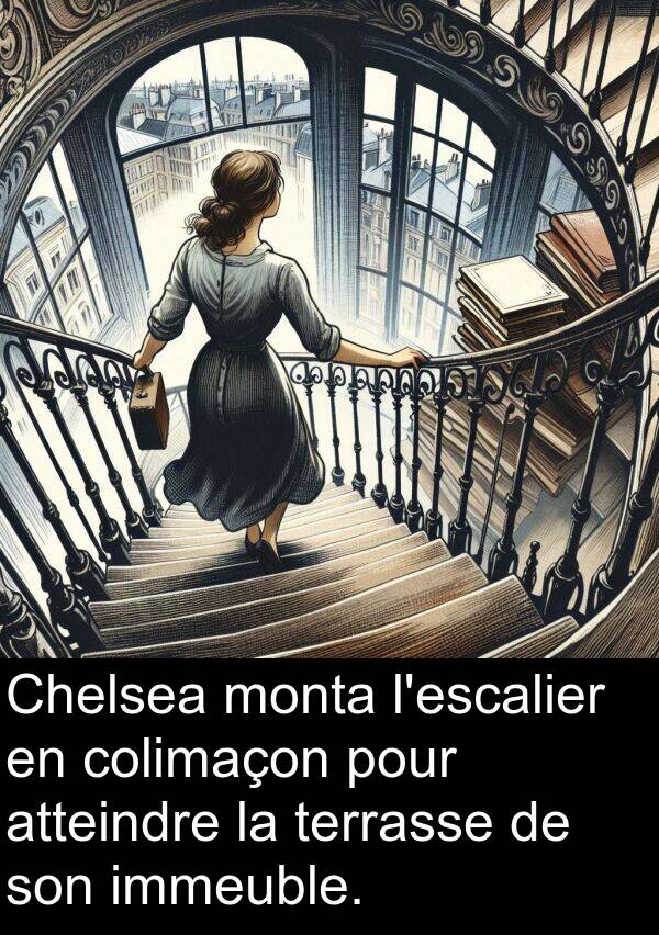 terrasse: Chelsea monta l'escalier en colimaçon pour atteindre la terrasse de son immeuble.