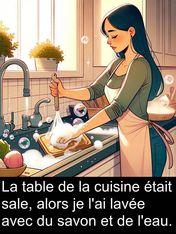 sale: La table de la cuisine était sale, alors je l'ai lavée avec du savon et de l'eau.