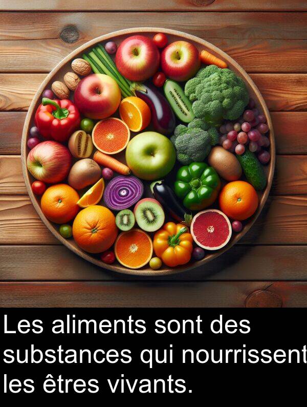 aliments: Les aliments sont des substances qui nourrissent les êtres vivants.