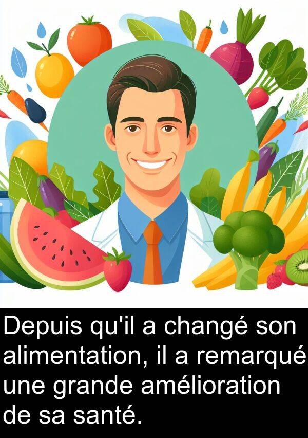 amélioration: Depuis qu'il a changé son alimentation, il a remarqué une grande amélioration de sa santé.