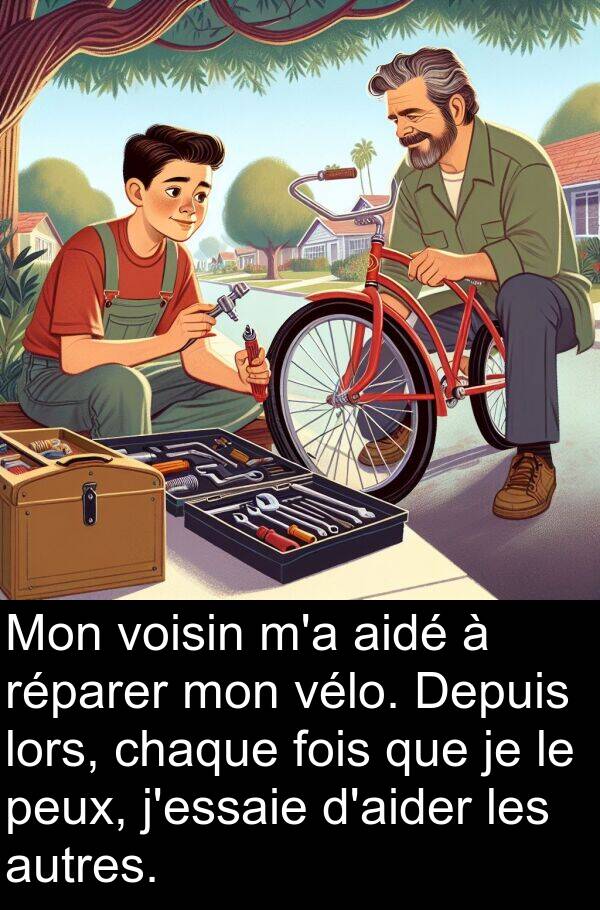 voisin: Mon voisin m'a aidé à réparer mon vélo. Depuis lors, chaque fois que je le peux, j'essaie d'aider les autres.