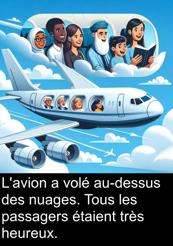 passagers: L'avion a volé au-dessus des nuages. Tous les passagers étaient très heureux.