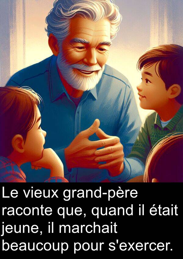 quand: Le vieux grand-père raconte que, quand il était jeune, il marchait beaucoup pour s'exercer.