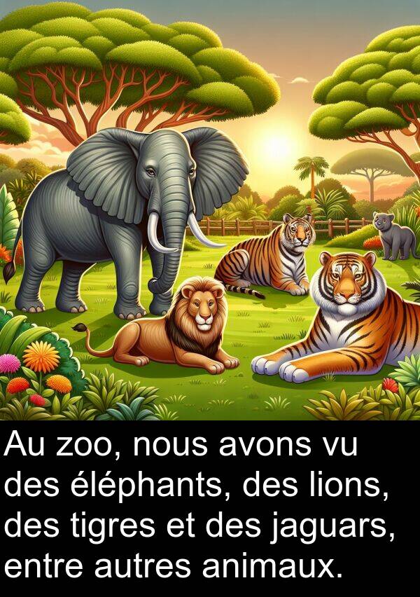 autres: Au zoo, nous avons vu des éléphants, des lions, des tigres et des jaguars, entre autres animaux.