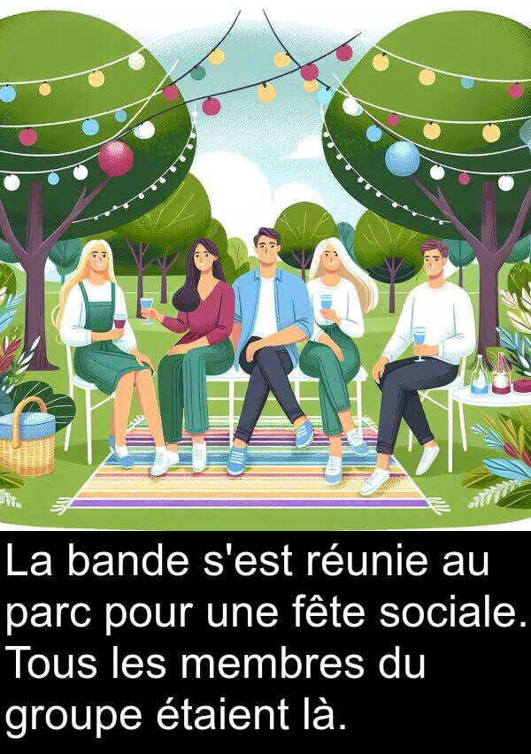 fête: La bande s'est réunie au parc pour une fête sociale. Tous les membres du groupe étaient là.