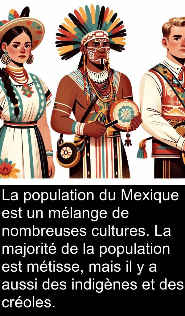 aussi: La population du Mexique est un mélange de nombreuses cultures. La majorité de la population est métisse, mais il y a aussi des indigènes et des créoles.