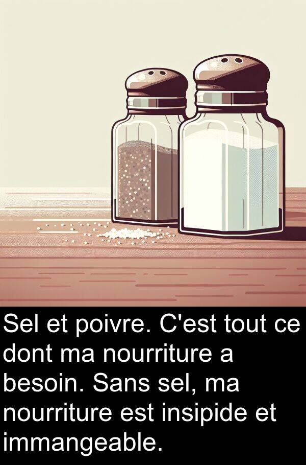 poivre: Sel et poivre. C'est tout ce dont ma nourriture a besoin. Sans sel, ma nourriture est insipide et immangeable.