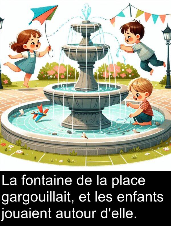 autour: La fontaine de la place gargouillait, et les enfants jouaient autour d'elle.