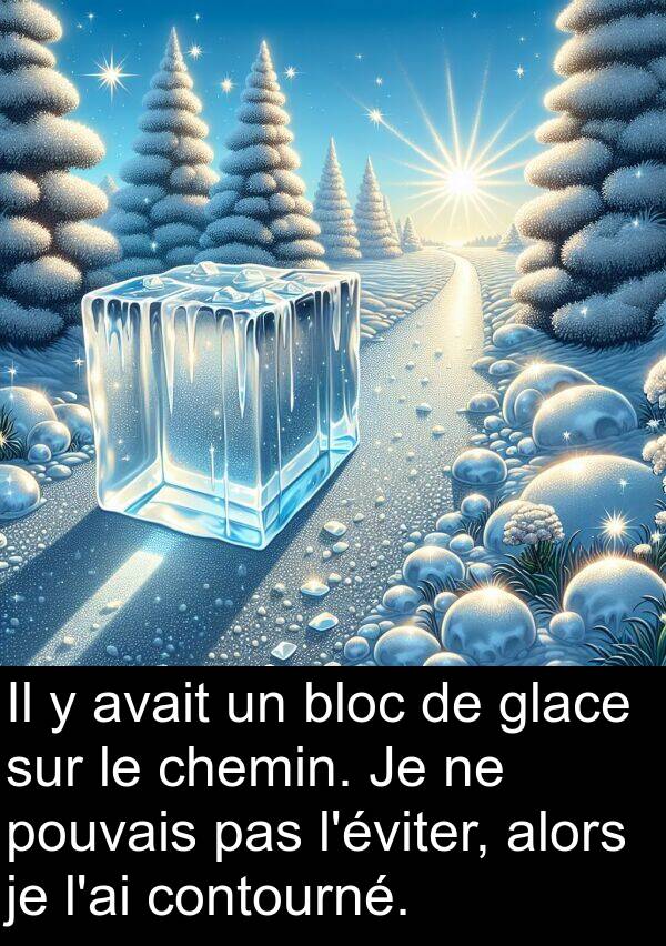 bloc: Il y avait un bloc de glace sur le chemin. Je ne pouvais pas l'éviter, alors je l'ai contourné.