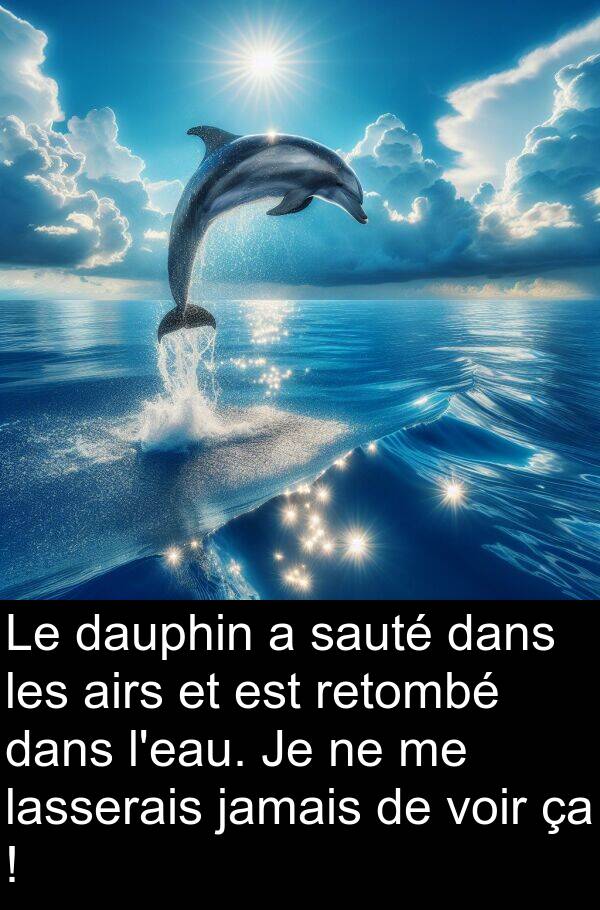 sauté: Le dauphin a sauté dans les airs et est retombé dans l'eau. Je ne me lasserais jamais de voir ça !