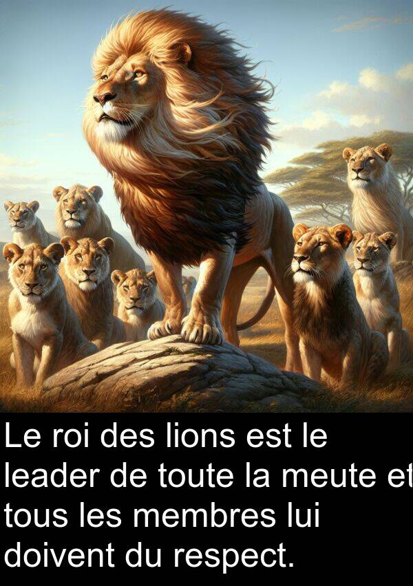 leader: Le roi des lions est le leader de toute la meute et tous les membres lui doivent du respect.