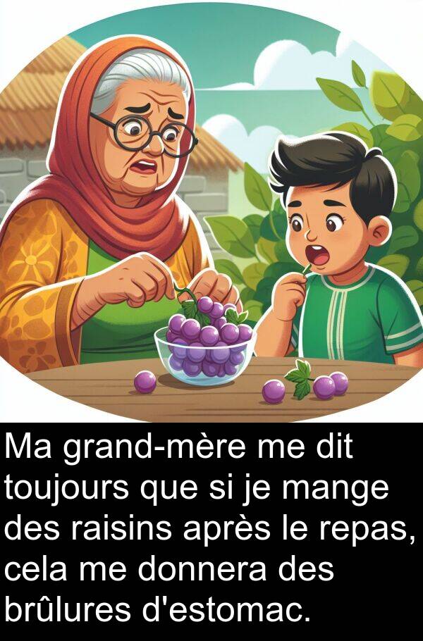 après: Ma grand-mère me dit toujours que si je mange des raisins après le repas, cela me donnera des brûlures d'estomac.