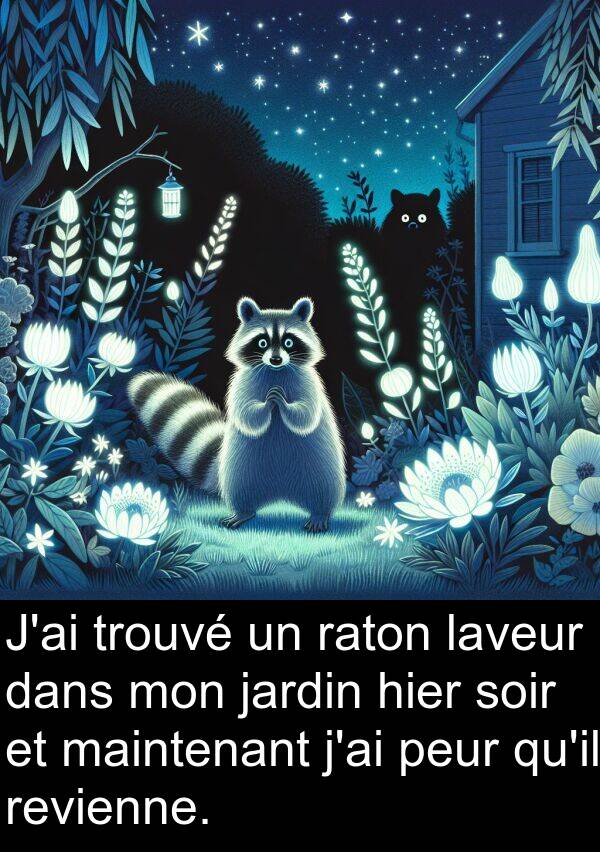 raton: J'ai trouvé un raton laveur dans mon jardin hier soir et maintenant j'ai peur qu'il revienne.