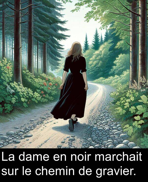 marchait: La dame en noir marchait sur le chemin de gravier.