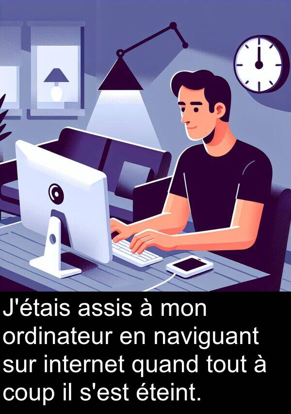 assis: J'étais assis à mon ordinateur en naviguant sur internet quand tout à coup il s'est éteint.