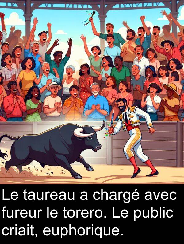 public: Le taureau a chargé avec fureur le torero. Le public criait, euphorique.