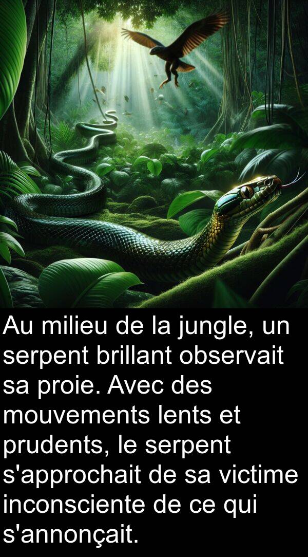 victime: Au milieu de la jungle, un serpent brillant observait sa proie. Avec des mouvements lents et prudents, le serpent s'approchait de sa victime inconsciente de ce qui s'annonçait.